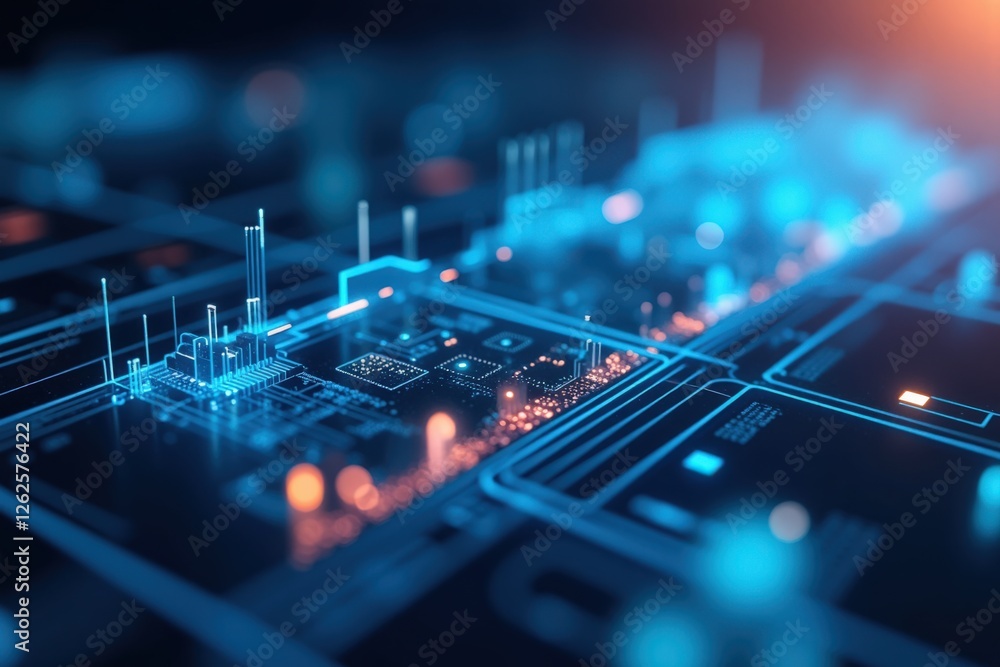 Poster a detailed close-up of a futuristic circuit board displaying intricate blue and orange light pattern
