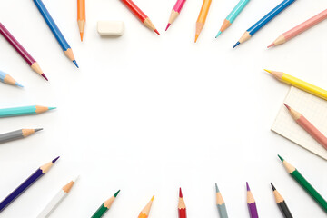 Naklejka premium A creative flat lay of colorful pencils arranged in a star pattern on a white background, with a notebook and eraser in the corner. 