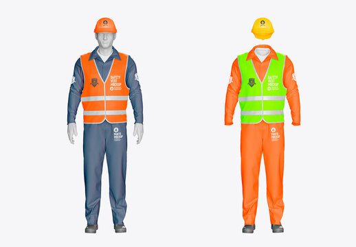 Worker Uniform with Safety Vest and Helmet Mockup