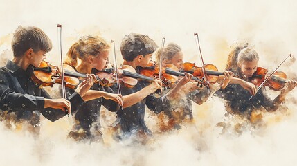 Professional Orchestra Performance in Watercolor: A Visual Symphony of Youthful Talent on Stage
