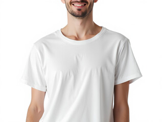 Fototapeta premium Un homme portant un t-shirt blanc, sur fond blanc.
