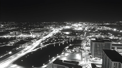 Night city lights aerial view, showing highway traffic and illuminated buildings.  Possible use Stock photo