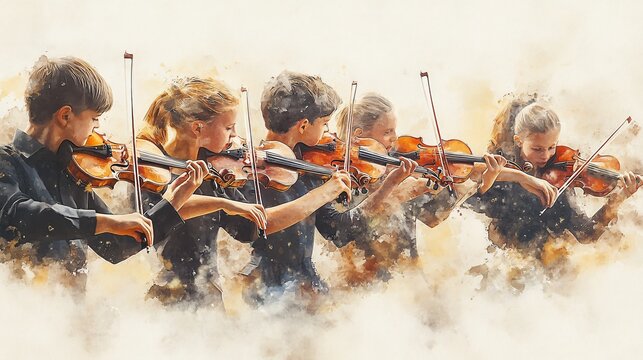Professional Orchestra Performance in Watercolor: A Visual Symphony of Youthful Talent on Stage