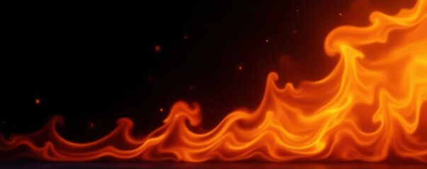 Dancing orange and yellow flames against a stark black backdrop , fiery, burning
