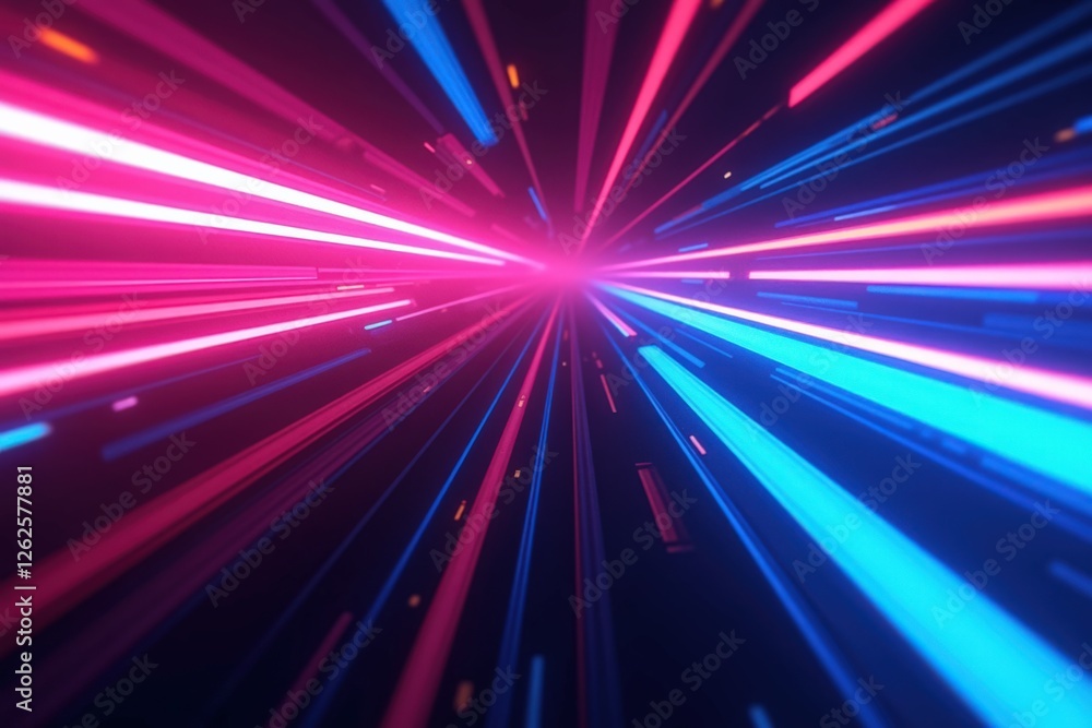 Poster dynamic burst of blue and pink light rays radiating from a center point, creating a futuristic atmos