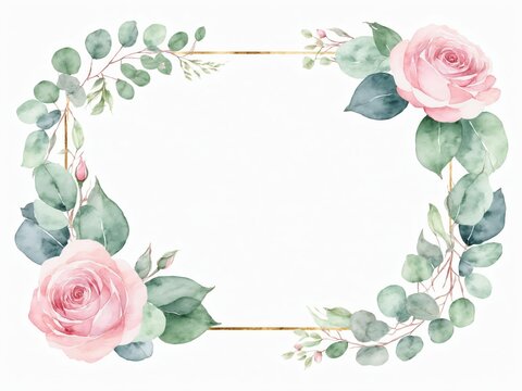 Watercolor roses and eucalyptus arranged in a rectangle golden frame