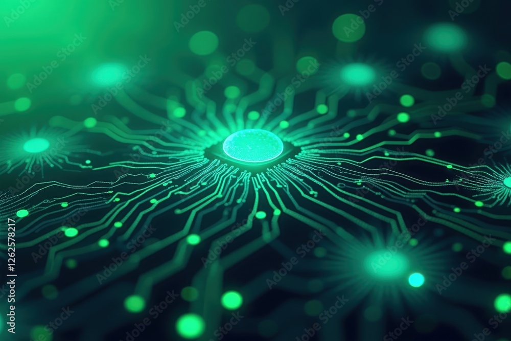 Poster close-up of a high-tech green circuit board with intricate patterns and light effects, representing 