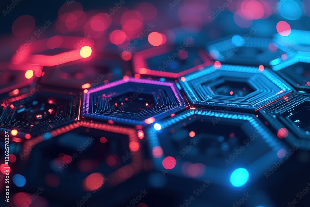 Poster a close-up exploration of a futuristic honeycomb pattern with intricate neon glows in blue and red, 