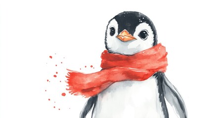 Naklejka premium Cute penguin wearing scarf, winter scene, wildlife art, greeting card