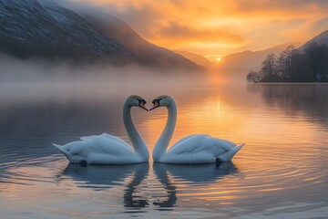 Fototapeta premium Romantic Swan Pair at Sunset on Serene Lake for Nature-Themed Wall Art