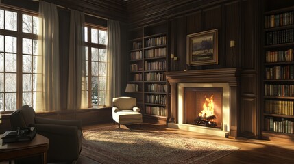 Fototapeta premium Cozy library interior with fireplace chair and bookshelves features warm light