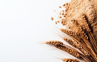 Obraz premium A close-up view of golden wheat ears and flour on a white background, showcasing the natural texture and colors of grains, perfect for culinary and agricultural themes.
