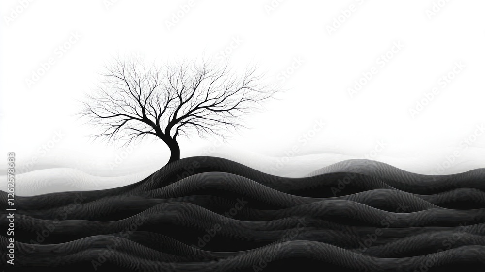 Poster a solitary tree rises above undulating waves, creating a striking contrast in a tranquil black and w