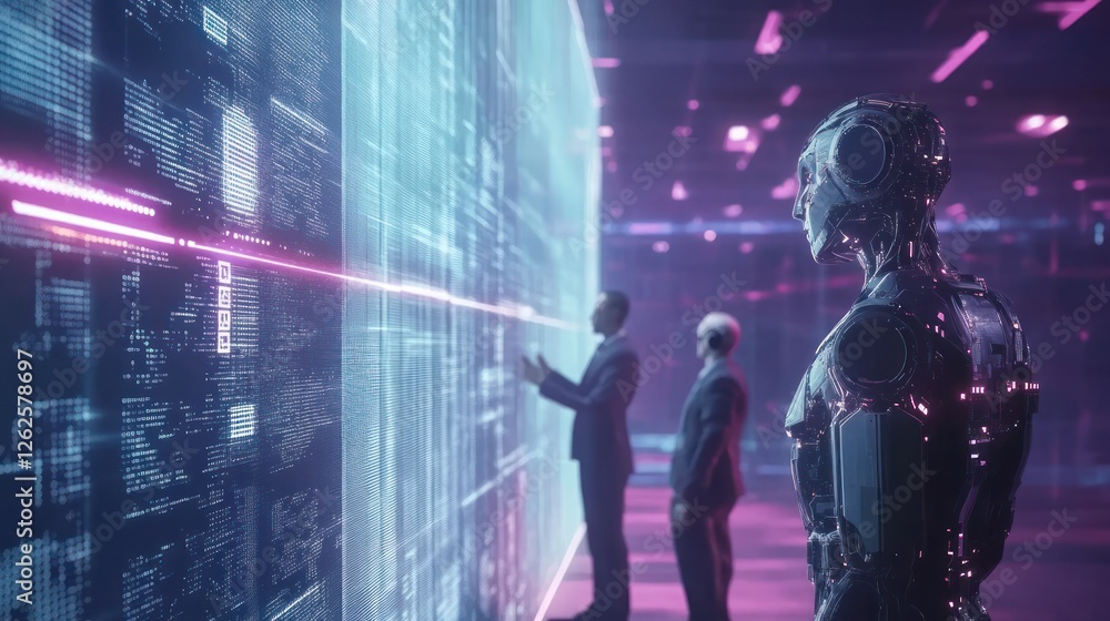 Poster futuristic scene showcasing a humanoid robot and two individuals interacting with a digital interfac