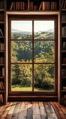 Fototapeta premium Rustic Library Window with Mountain View - Peaceful Nature Escape