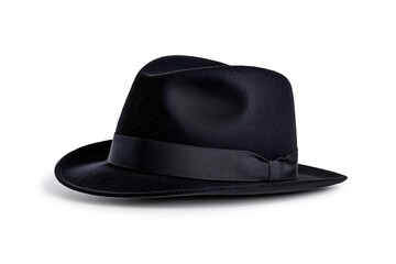 A stylish black fedora hat isolated on white background