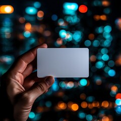 A hand holding a blank business card against a vibrant, out-of-focus cityscape at night, showcasing bright bokeh lights. Ideal for branding, networking, and marketing visuals.