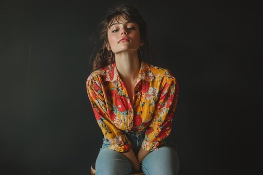 Young woman with closed eyes, wearing a floral blouse and jeans, sitting against a black background, exuding a sense of calm and tranquility