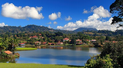 Fototapeta premium Serene village by a lake under a vibrant sky