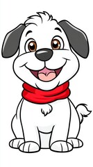 Naklejka premium A cheerful cartoon dog with a white coat and brown eyes sits happily, wearing a vibrant red scarf in a playful and colorful environment