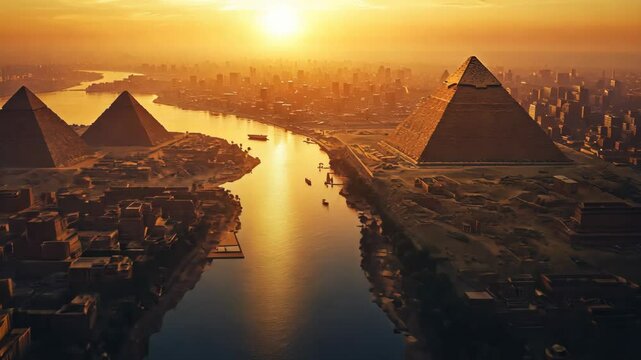 Sunset over the Nile with pyramids in the foreground and a bustling city skyline in the background