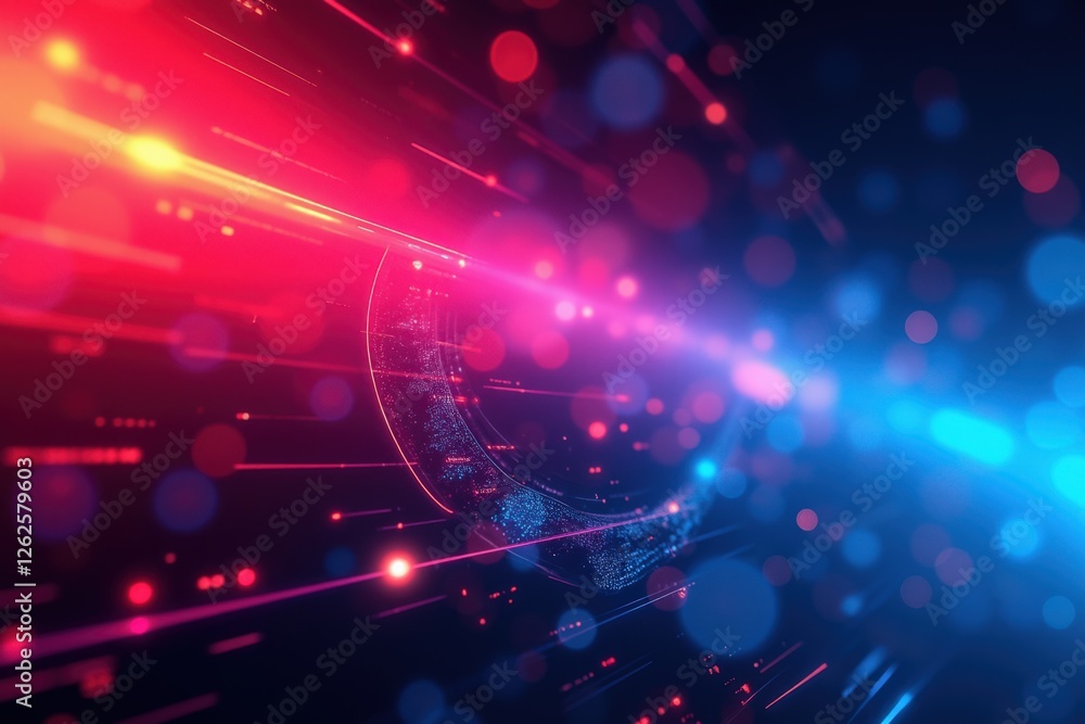 Poster vibrant abstract visualization of light trails and bokeh effects in a digital space, illustrating mo