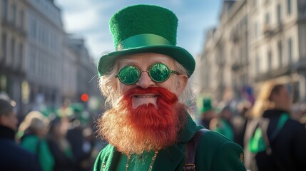Stylized older man with red beard in green costume and top hat having fun at Irish St. Patrick's Day festival