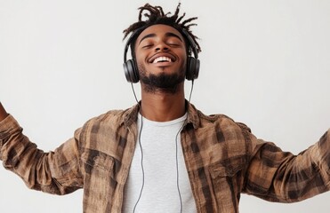Joyful man dancing with headphones on white background, enjoying his favorite music