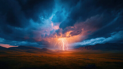 Obraz premium stunning landscape featuring dramatic sky filled with lightning, showcasing vibrant colors and intense weather. scene evokes sense of awe and power in nature