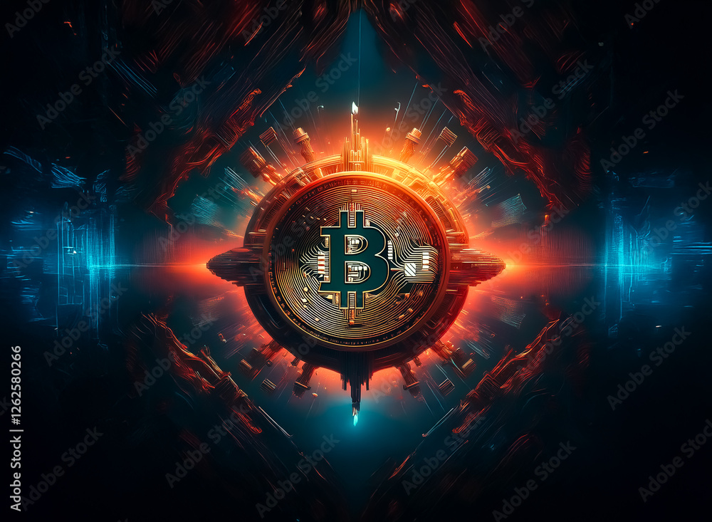 Leinwandbilder futuristic coin with a 'b' symbol at the center emits orange and blue light. a dark abstract backdro