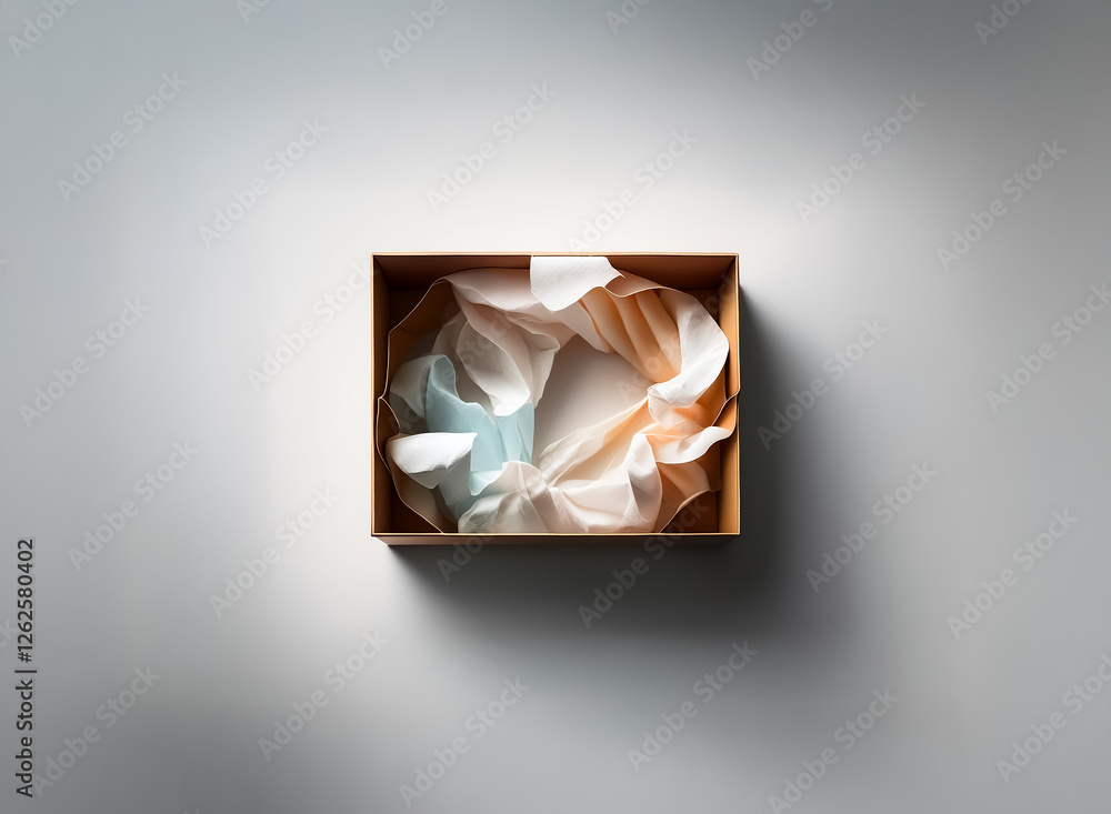 Poster a square box is open, revealing soft, pastel tissue paper within. gentle light and shadow play acros