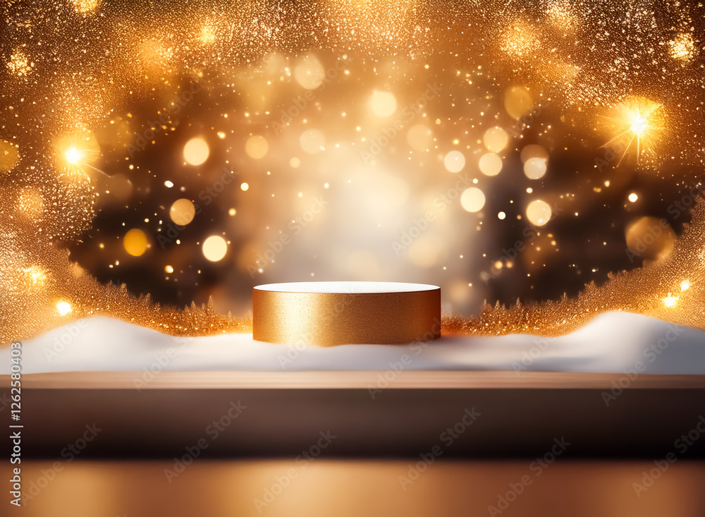 Aufkleber Golden platform on a festive stage with sparkling bokeh lights and soft snow. It creates a magical holiday atmosphere, perfect for product display.