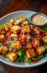 Fresh Caesar Salad with Parmesan, Croutons, and Tomato Sauce Drizzle