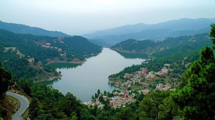 Mountain Lake View with Village and Road