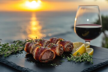 Bacon wrapped filet mignon paired with red wine at sunset