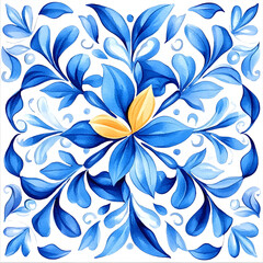 Watercolor artwork, blue and yellow azulejos tile Traditional Portuguese Mosaic