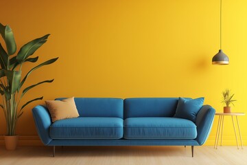 Mockup of modern living room interior with blue sofa against bright golden yellow wall featuring stylish decor and plants for a cozy ambiance