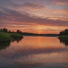 Fototapeta premium Sunset over a serene lake : Soft pink and orange hues reflect off the calm water.