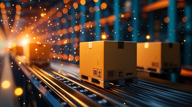 Dynamic image of packages moving along a conveyor belt in a warehouse. The scene showcases the efficiency of logistics in modern distribution and the fast-paced nature of delivery.