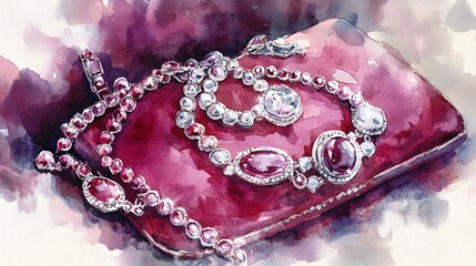 Intricate Watercolor Depiction of Graceful Necklaces and Bracelet in Delicate Hues