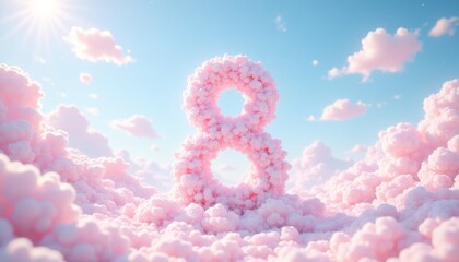 8 March formed from soft pink clouds floating in bright blue sky. Woman's Day. Romantic and dreamy atmosphere