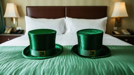 Green cylinders on hotel bed invite stay during Irish St. Patrick's Day festival