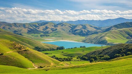 Obraz premium A scenic paragliding site overlooking rolling green valleys and a deep blue lake.