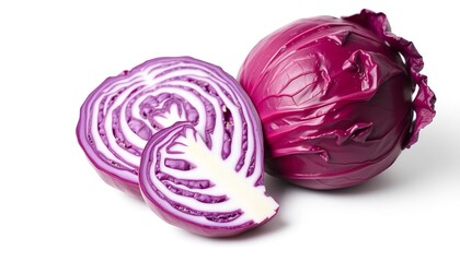 A Close-Up of Two Halves of a Fresh Purple Cabbage with Waterdrops, Revealing Its Vibrant Purple Color and Intricate Patterns - Detailed and Nutritious Vegetable Art