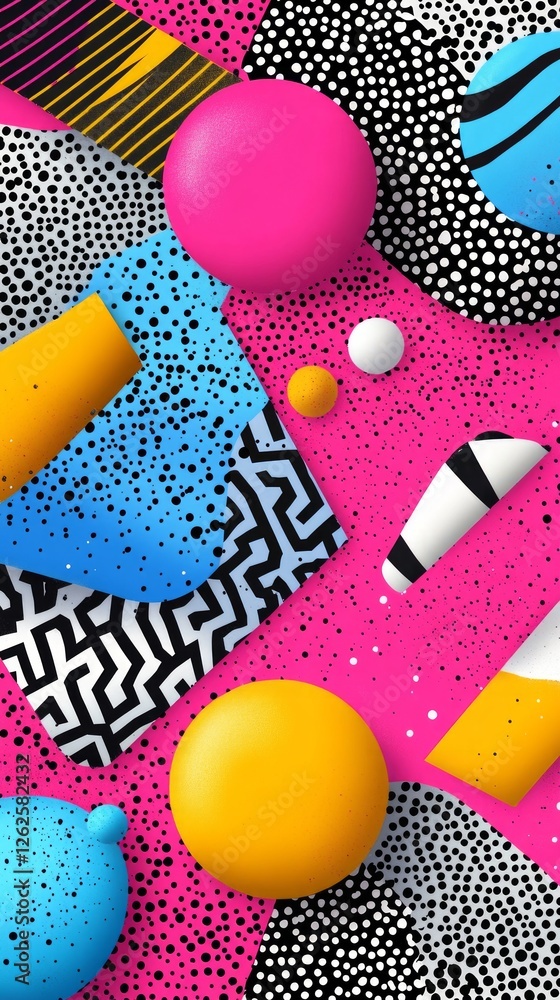 Poster bright colors and playful geometric shapes come together in a dynamic arrangement, showcasing a harm