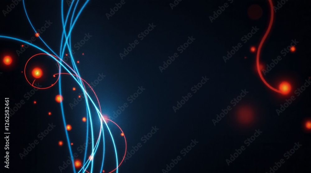 Poster a black background with blue and red lines and red dots