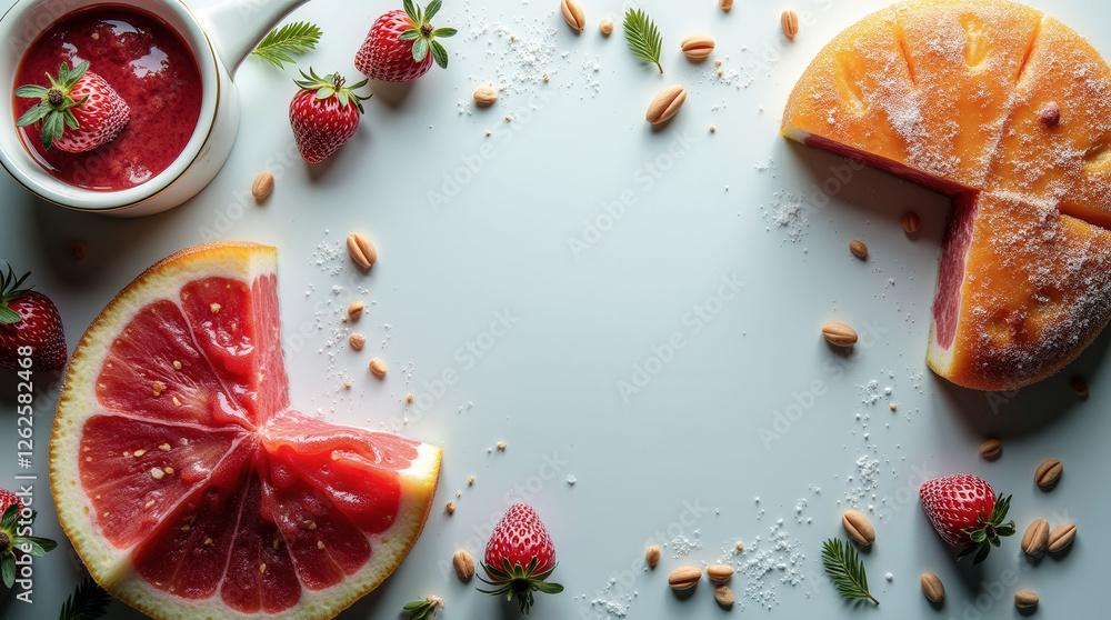 Poster a close up of a plate of fruit with a slice of orange and a slice of grapefruit