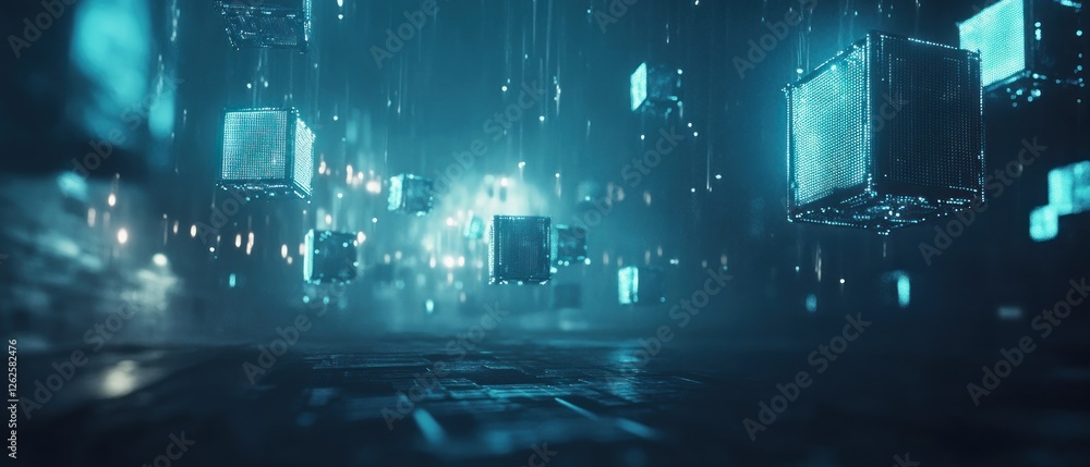 Poster a futuristic digital landscape featuring floating translucent cubes amidst a misty atmosphere, showc