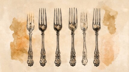 Detailed Watercolor Painting Depicting the Intricacy of Four Ornate Antique Silver Forks
