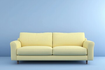 Bright and modern living room mockup featuring a light butter yellow sofa against a soft pastel lavender blue wall designed for contemporary home aesthetics